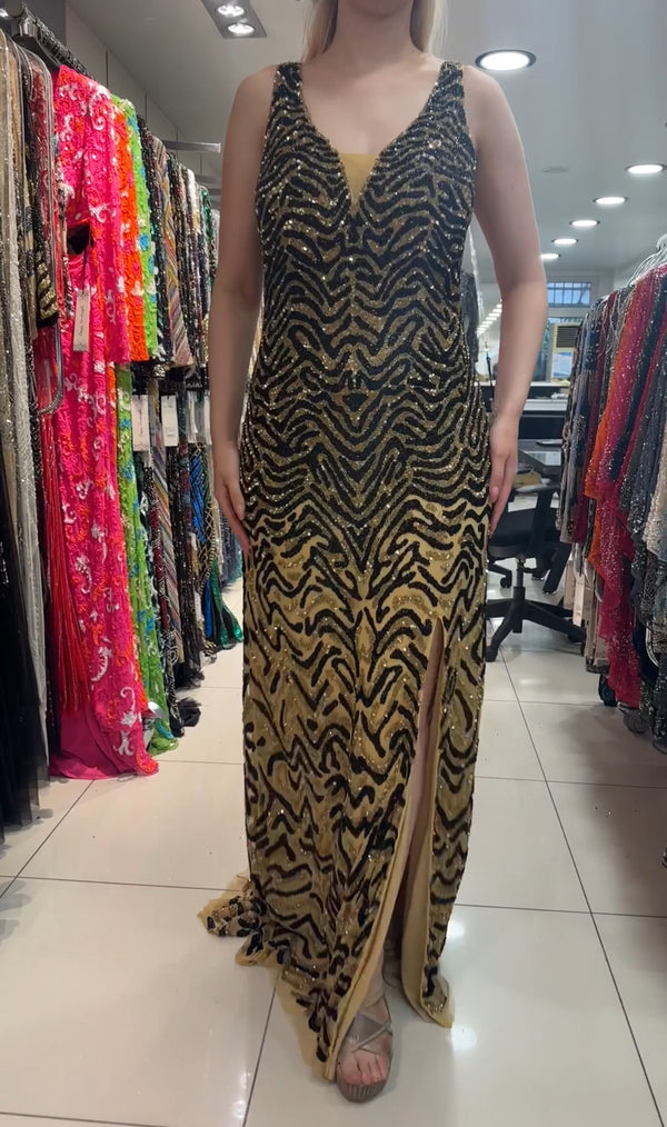 Zebra style V-neck golden dress