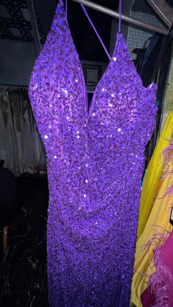 Lavender Glamour: Sequined Long Dress with Back Corset and High Leg Slit