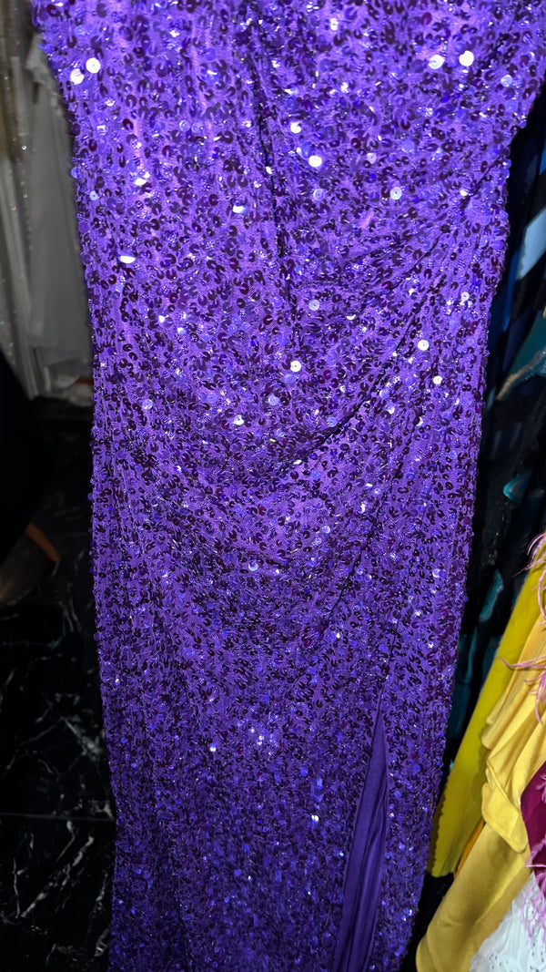 Lavender Glamour: Sequined Long Dress with Back Corset and High Leg Slit