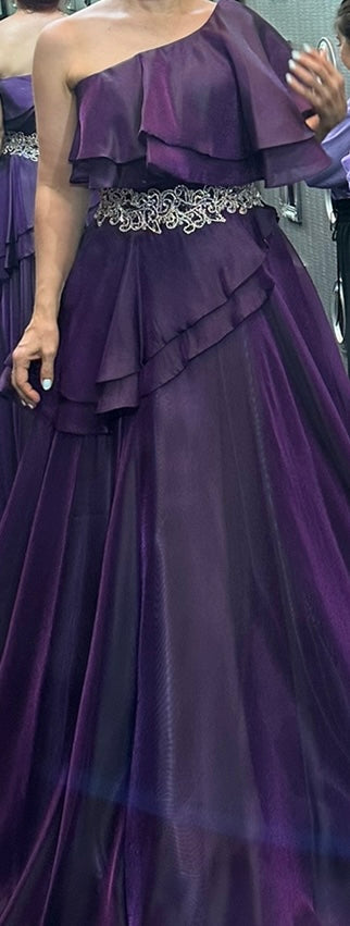 Amethyst Elegance: One-Shoulder Long Dress with Silver Crystal Waist