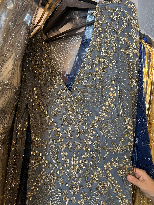 Greygold embellished vneck longsleeve dress