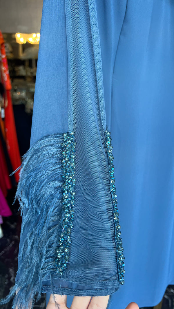 Vintage Blue Feathered Mini Dress with Long Sleeves