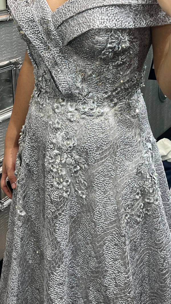 Silver Mist: V-Neck Gray and Silver Lace Dress