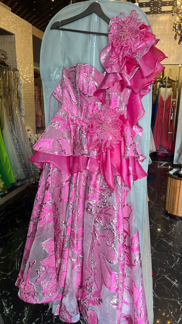 Floral pattern A-line fuscia dress