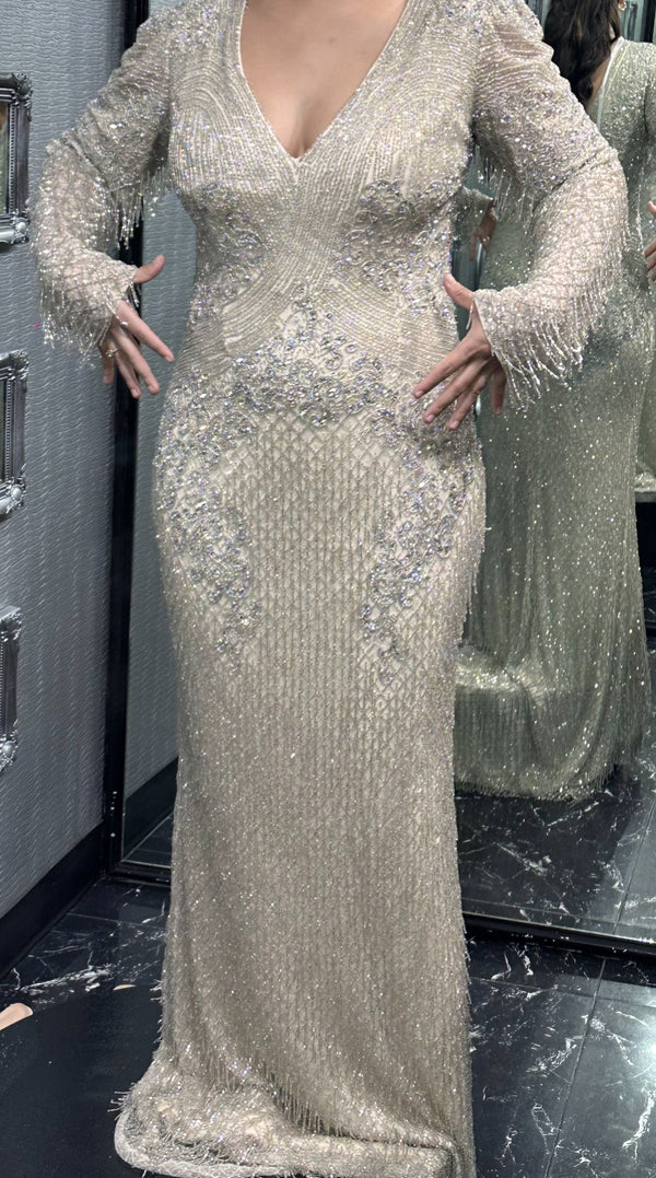 Khajula bejeweled nude and silver dress