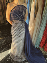 Nude Evening Dress Fitted Beaded Strapless Navy Draped Tulle