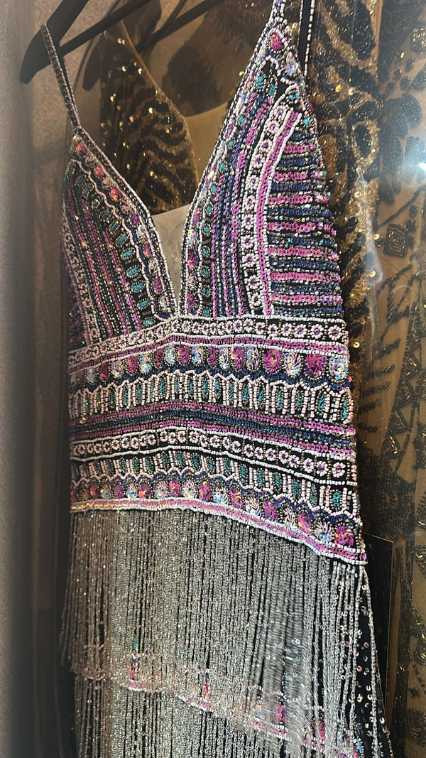 Black, pink neon, multicolor in beads dress