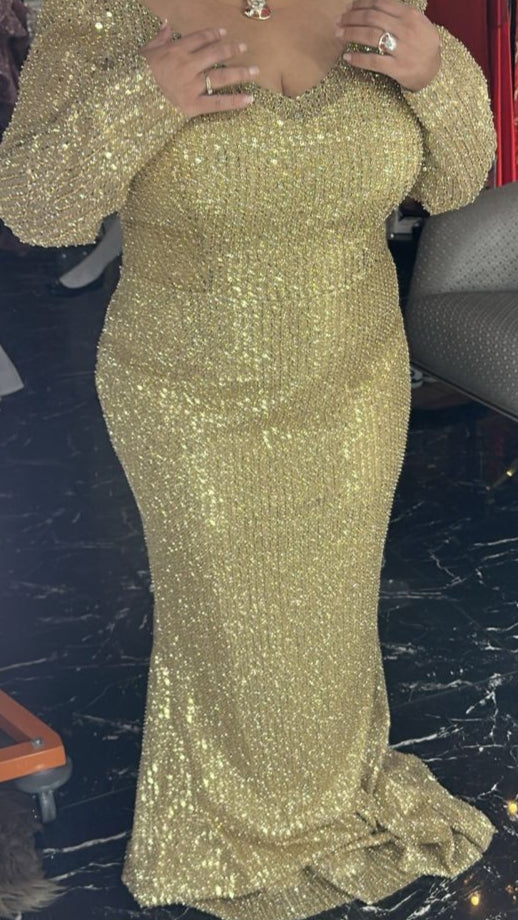 Goldish long-sleeve beaded dress