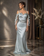 Minty Elegance: Off-Shoulder Dress with Crystal Rectangle Belt