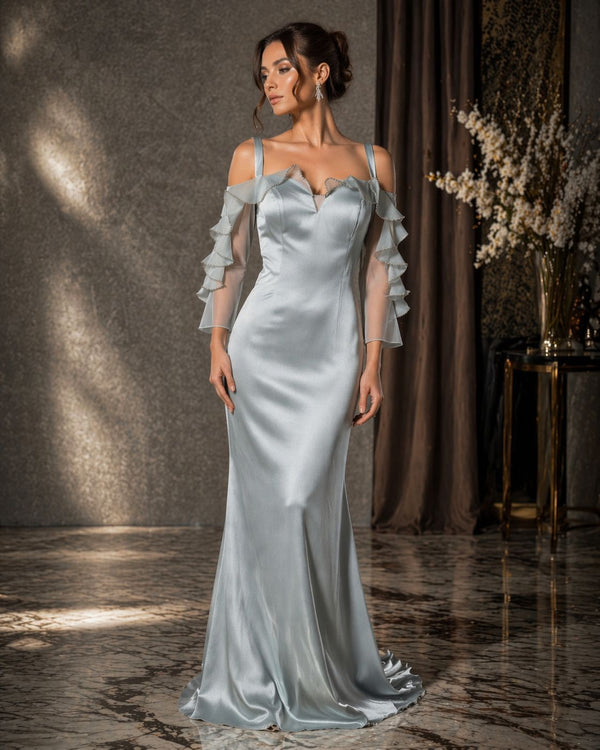 Minty Elegance: Off-Shoulder Dress with Crystal Rectangle Belt