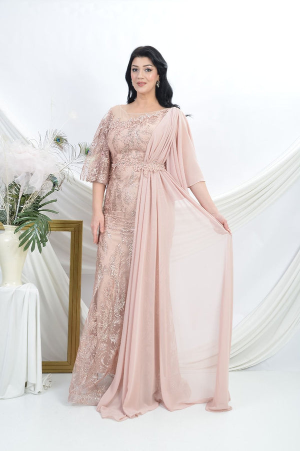 Pink beige dress with pleated design on waist