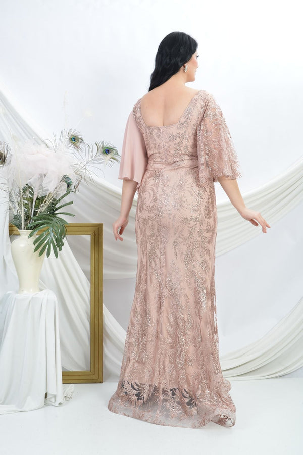 Pink beige dress with pleated design on waist