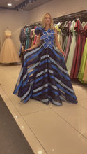 Harmonious Horizon: Long Dress with Dark, Light, and Black Horizontal Lines, Floral Appliques, and One-Sided Long Shawl
