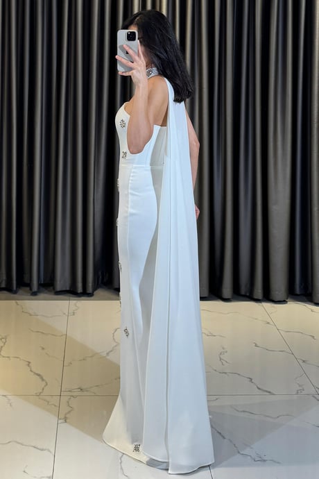 Strapless White Dress with a Cape