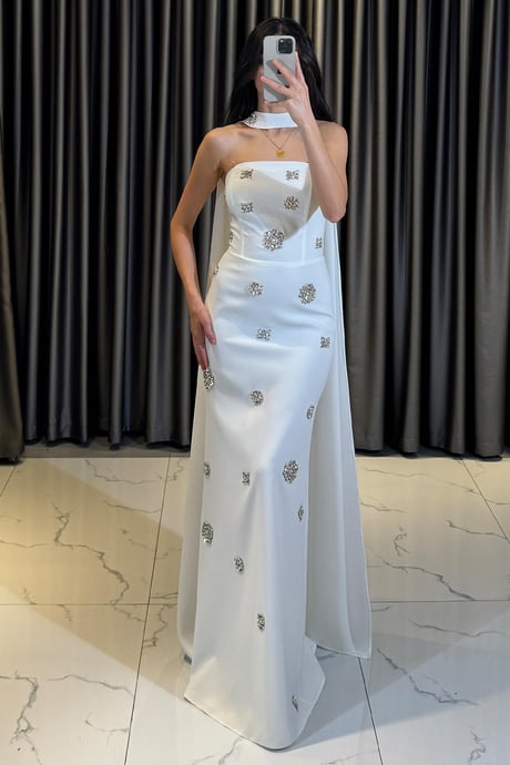 Strapless White Dress with a Cape